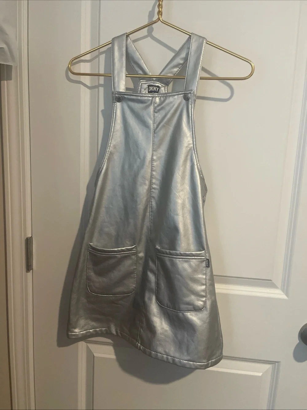 DKNY Girls' 10 Metallic Silver Faux-Leather Pinafore Dress 2 Front Pockets